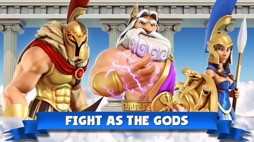 Batalha em tempo real de Gods of Olympus, com um deus gigante a atravessar as muralhas de uma cidade grega fortificada