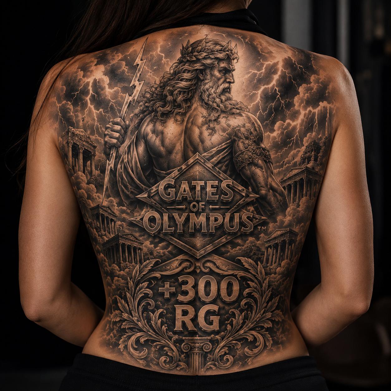 Tatuagem de costas inteiras a preto e cinzento com Zeus a segurar um raio, um losango metálico ao centro, templos gregos nas laterais e uma cartela inferior ornamentada